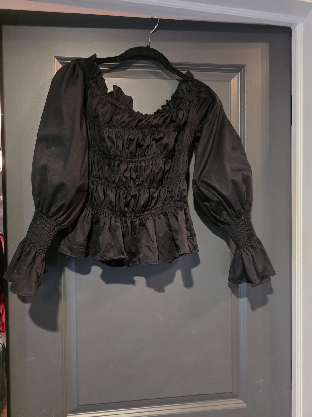 Black Smocked Puff Sleeve Women's Top